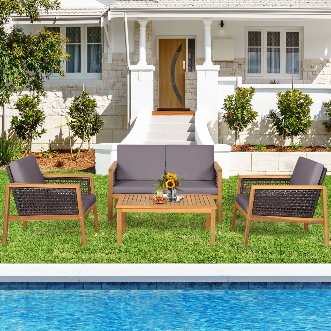 4Pcs Patio Acacia Wood Furniture Set Pe Rattan Conversation Set W/ Grey Cushions